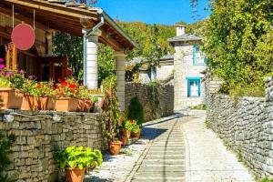 a stone pathway leading to a house with potted plants at Σπίτι στο νησί Ιωαννίνων LAGO MINI SUITE in Ioannina