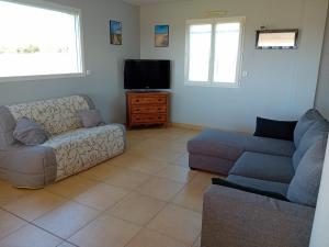 Una sala de estar con dos sofás y un televisor. en Gîte du Buron 6 8 personnes, en Longueville