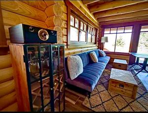 a living room with a blue couch in a cabin at Naarden with Sauna and Jacuzzi in Budapest