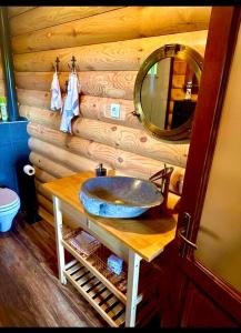 a bathroom with a sink and a mirror on a wooden wall at Naarden with Sauna in Budapest