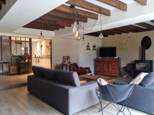 ein Wohnzimmer mit zwei Sofas und einem Fernseher in der Unterkunft L'Aupinouse Chambre double Chardon, au 1er étage avec salle d'eau privative in La Suze-sur-Sarthe