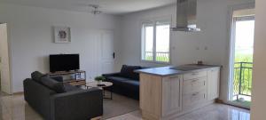 a living room with two couches and a television at "Le petit Breizh 2" entre Mt St Michel et Saint Malo 6personnes 1bébé in Saint-Marcan