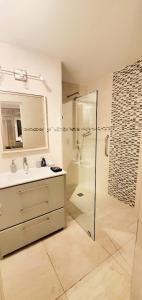 a bathroom with a shower and a sink and a mirror at Amaryl The Dream St Lawrence Gap 2BR condo with pool in Christ Church +23 photos