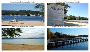three pictures of a beach and a pier at Cottage 12 - King Bed Child Loft w Twin Private Bath Kitchenette Pets Allowed Fee applies in Wolfeboro