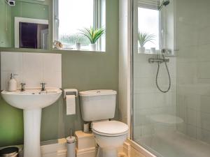 Un baño con inodoro, lavabo y ducha. en Bosun's Quarters, en Whitby
