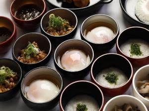 a group of bowls filled with food on a table at Dormy Inn Morioka in Morioka