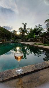 a wine glass sitting next to a swimming pool at Sitio Reis Membeca in Paraíba do Sul