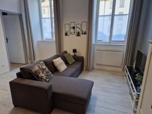 a living room with a couch and a tv at Les appartements de Lucie in Eaux-Bonnes