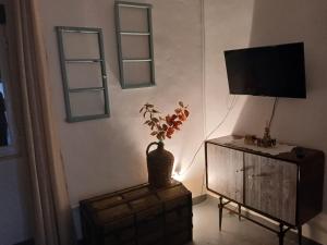 a living room with a television and a vase on a dresser at Casa dos Josés in Elvas