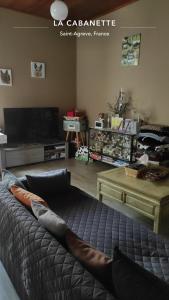 a living room with a bed and a table at La Cabanette in Saint-Agrève