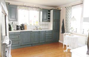 a kitchen with blue cabinets and a table and window at Beautiful Home In Vilshult With Kitchen in Vilshult
