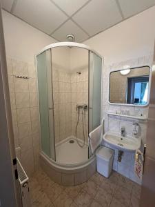 um banheiro com chuveiro e pia em Hotel Omega Brno em Brno