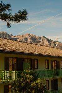 a house with a roof with mountains in the background at Hotel Costaverde "ai Roni" in Andalo +54 photos