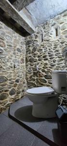 a stone bathroom with a toilet in a stone wall at Jungle and River View in Bukit Lawang