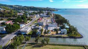 an aerial view of a harbor with houses and boats at Coastal lodge in Port Mathurin