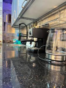 a kitchen with a counter top with a appliance on it at Pyramid Heights Apartments in Cairo