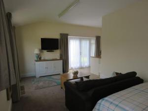 a living room with a couch and a television at The Stables at Nyland View, Cheddar in Cheddar