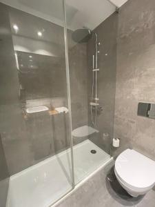 une salle de bain avec toilettes et douche en verre dans l'établissement T1 Valbom Cascais, à Cascais