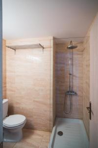 a bathroom with a toilet and a shower with a glass door at PARALIA Stoudios in Parga