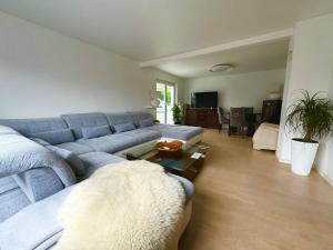 a living room with a blue couch and a table at Ferienhaus Achterhus für Familien & Homeoffice in Ratekau