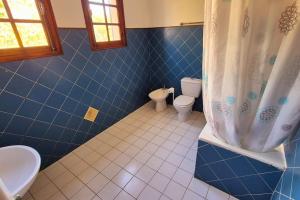 een blauw betegelde badkamer met een toilet en een wastafel bij T4 Furesta - Casa Mattea in Aléria +9 foto's