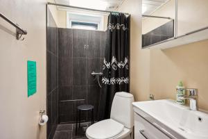 a bathroom with a shower and a toilet and a sink at Amazing Home In Ebeltoft With 3 Bedrooms, Sauna And Internet in Ebeltoft +15 photos