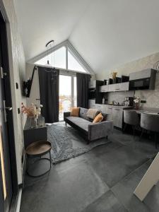 LöbnitzTiny Ferienhaus Oskar 100m Entfernt zum See Strand的客厅里有一张沙发和一个厨房