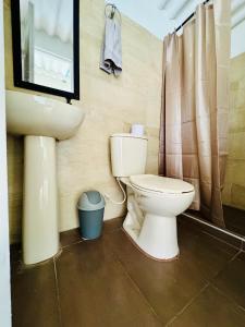 a bathroom with a toilet and a sink and a mirror at Cabaña flores en la colina in Barbosa +14 photos