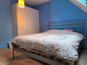 a bedroom with a bed with a blue wall at Une chambre privée au sein d'une villa à la campagne in Wanze