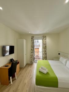a bedroom with a bed and a desk and a television at Apartamentos Apolo in Madrid
