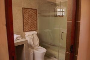 ein Badezimmer mit Toilette und Glasdusche in der Unterkunft Casa Irene in Teotitlán del Valle