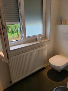 a bathroom with a toilet and a window at Ihr Zuhause auf Zeit in Düren - Eifel