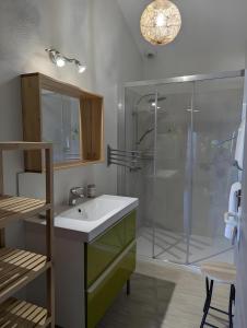 a bathroom with a sink and a glass shower at La Bonne Chauffe - Serpentin in Verrières