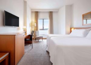 レオンにあるHotel Zentral Leónのベッドと机とテレビがあるホテルの部屋