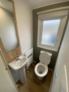 a bathroom with a toilet and a sink and a window at 3 Bedroom - Stunning Caravan in Coastal Eyemouth in Eyemouth +5 photos