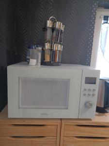 einem weißen Mikrowellenherd auf einem Schrank in der Unterkunft Cozy Apartment, Airport CDG Exhibition Parc 14 min in Tremblay En France