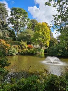 einen Brunnen inmitten eines Teiches in einem Park in der Unterkunft Cosy Corner - Town centre flat with free nearby parking in Shrewsbury
