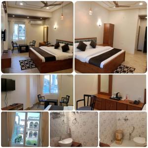 a collage of four pictures of a hotel room at Happy Home Paying Guest House in Varanasi +2 photos