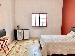 a bedroom with a bed and a television and a window at Habitación con piscina en el centro de Mérida in Mérida +9 photos