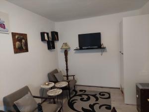 a living room with two chairs and a flat screen tv at Green in Negotin +4 photos