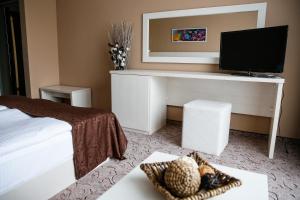a bedroom with a bed and a desk with a television at Einstein House & Spa in Marchevo