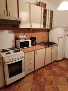 cocina con fogones blancos y microondas en Relax apartman bg, en Belgrado 3 fotos más