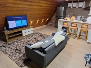 a living room with a couch and a tv at Eros lodge in Jaboticatubas