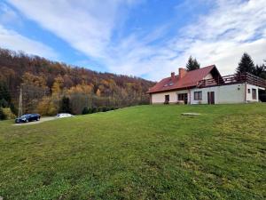 a house on a hill with a green field at Noclegi u Belli in Jugowice