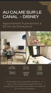 a flyer for a living room and a dining room at Au calme sur le canal et proche Disney in Vaires-sur-Marne