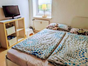 a bedroom with a bed and a tv on a table at Comfortable holiday home in nature in Schönberg
