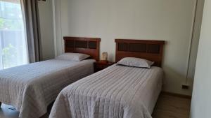 a bedroom with two beds and a window at Hostal Bambu in Huertos Familiares