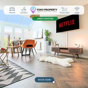 a rendering of a living room with a table and chairs at Luxury 5 Bedroom 3 Bathroom House - Smart TVs with Sky and Netflix, Super Fast WiFi, Free Parking by Yoko Property in Milton Keynes