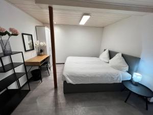a small bedroom with a bed and a desk at Ferienhaus Möhrle 2 in Überlingen +18 photos
