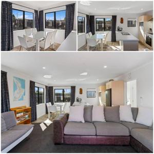 a living room with a couch and a dining room at MiddleIsland-FREE & FAST wifi NETFLIX & aircon in Taupo